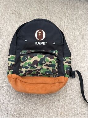 BAPE Black & Green Camo Backpack with Tan Suede Base